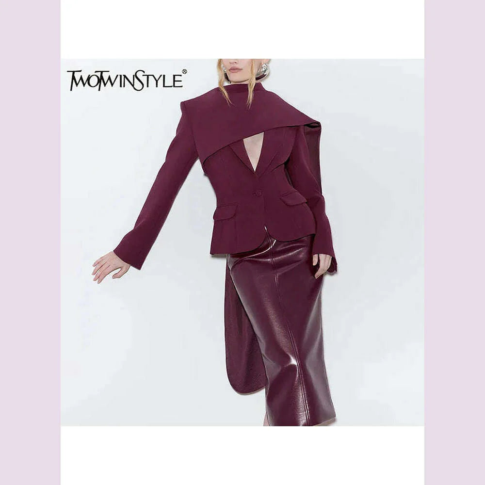 TWOTWINSTYLE Solid Spliced Pockets Jackets For Women Scarf Collar Long Sleeve Temperament Designer Coats Female Fashion Style