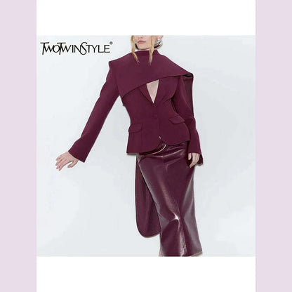 TWOTWINSTYLE Solid Spliced Pockets Jackets For Women Scarf Collar Long Sleeve Temperament Designer Coats Female Fashion Style