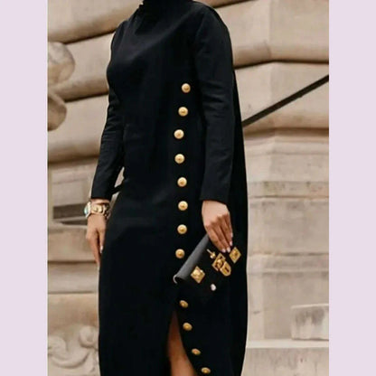 UOOZEE Women Shawl Collar Split-Side Buttoned Party Evening Maxi Dresses 2024 New Long Sleeves Solid Color Urban Casual Dress