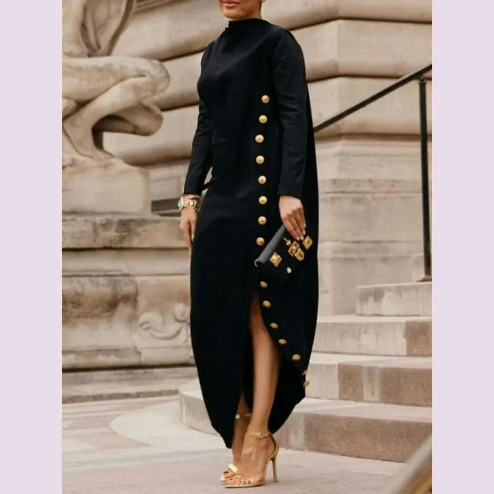 UOOZEE Women Shawl Collar Split-Side Buttoned Party Evening Maxi Dresses 2024 New Long Sleeves Solid Color Urban Casual Dress