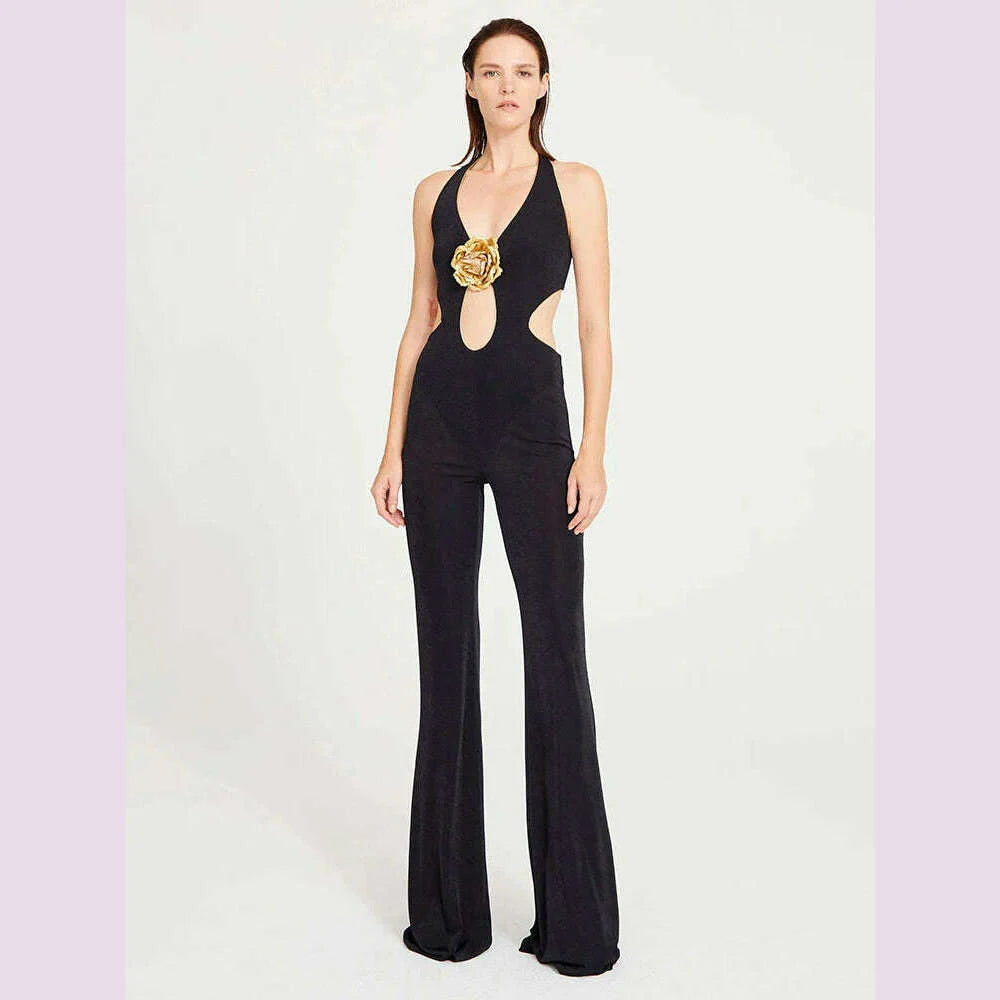 VC Black Jumpsuit With Gold Lining 3D Stero Flower Details Key Hole Halter Backless Hollow Out Rommpers Cocktail Party Outfits