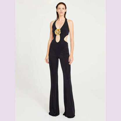 VC Black Jumpsuit With Gold Lining 3D Stero Flower Details Key Hole Halter Backless Hollow Out Rommpers Cocktail Party Outfits