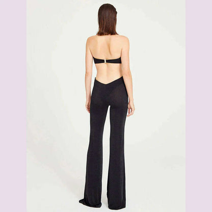 VC Black Jumpsuit With Gold Lining 3D Stero Flower Details Key Hole Halter Backless Hollow Out Rommpers Cocktail Party Outfits