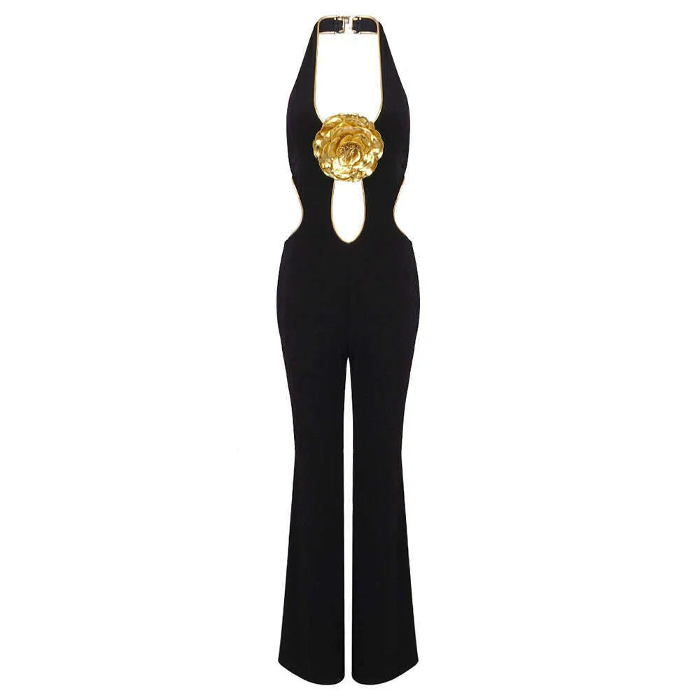 VC Black Jumpsuit With Gold Lining 3D Stero Flower Details Key Hole Halter Backless Hollow Out Rommpers Cocktail Party Outfits