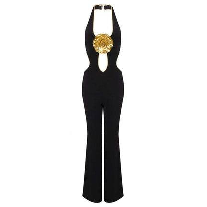 VC Black Jumpsuit With Gold Lining 3D Stero Flower Details Key Hole Halter Backless Hollow Out Rommpers Cocktail Party Outfits