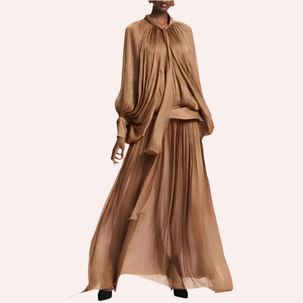 VGH Minimalist Spliced Folds Maxi Dresses for Women Scarf Collar Lantern Sleeve Loose Waist Casual Temperament Dress Female New