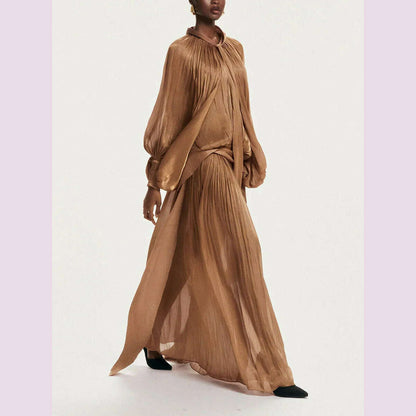 VGH Minimalist Spliced Folds Maxi Dresses for Women Scarf Collar Lantern Sleeve Loose Waist Casual Temperament Dress Female New