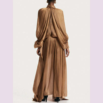 VGH Minimalist Spliced Folds Maxi Dresses for Women Scarf Collar Lantern Sleeve Loose Waist Casual Temperament Dress Female New