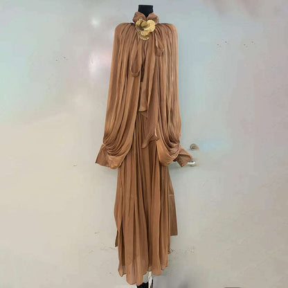 VGH Minimalist Spliced Folds Maxi Dresses for Women Scarf Collar Lantern Sleeve Loose Waist Casual Temperament Dress Female New