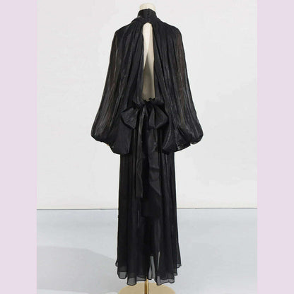 VGH Minimalist Spliced Folds Maxi Dresses for Women Scarf Collar Lantern Sleeve Loose Waist Casual Temperament Dress Female New