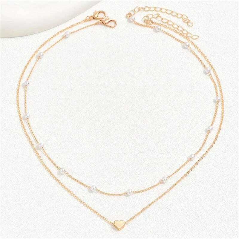 Vintage Pearl Choker Necklaces for Women Fashion Double layer Chain Small Love Heart Pendant Necklace Jewelry Gift Wholesale