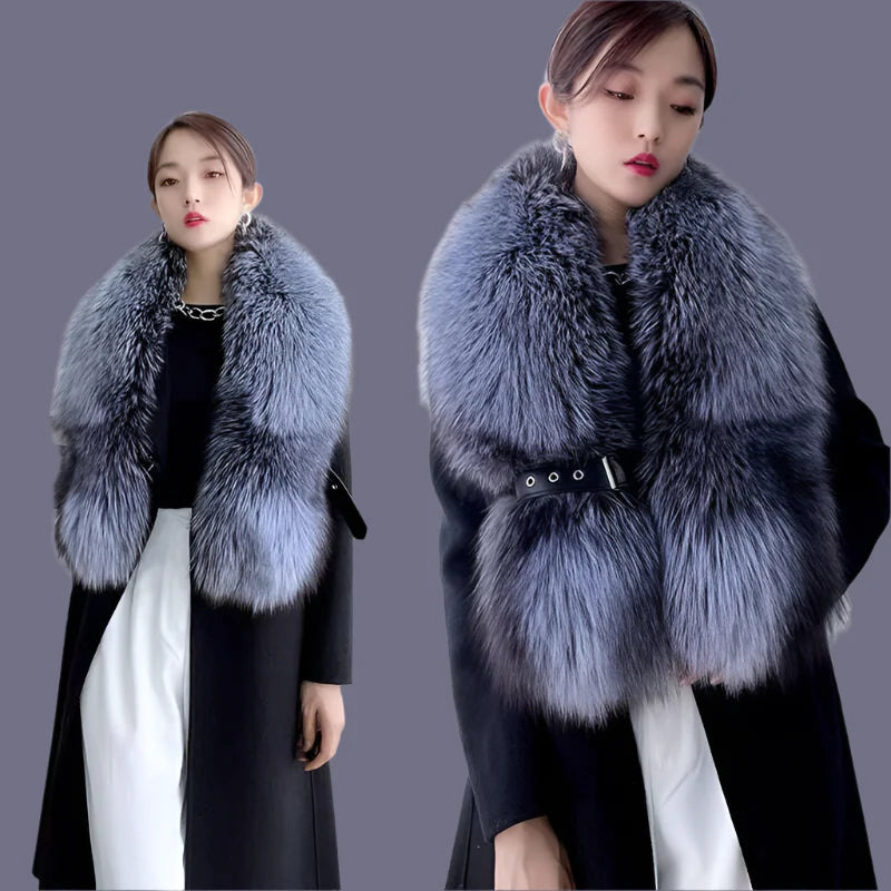 Winter Fox Fur Scarf Long Fur Collar Silver Fox Real Fur Shawl Russian Scarfs For Ladies Neck Luxury Fashion Scarves Womens