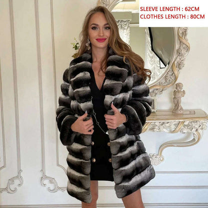 Winter Rabbit Fur Coats For Womens 2024 Fashion Luxury Chinchilla Rex Rabbit Fur Jackets With Turndown Collar
