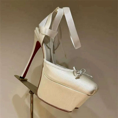 Women Lace-Up High Heeled Shoes for Woman's Square Toe Thin Heels Platform Pumps Mujer Pleated Slingback Wedding Luxury Sandals