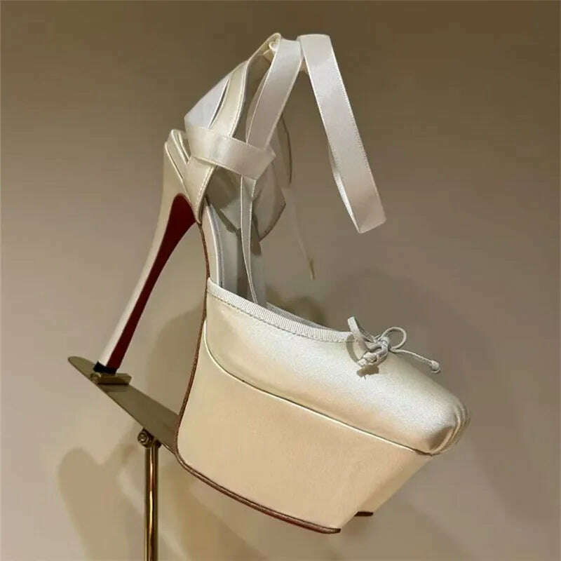 Women Lace-Up High Heeled Shoes for Woman's Square Toe Thin Heels Platform Pumps Mujer Pleated Slingback Wedding Luxury Sandals
