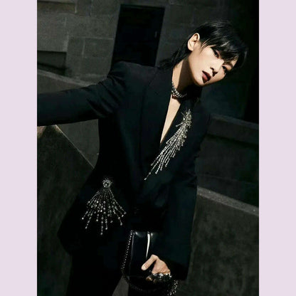 Women Ladies Blazer  Luxury Rhinestone Office Business Formal Wedding  Exquisite Elegant Suit Jacket Single Top