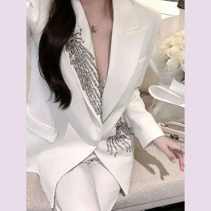 Women Ladies Blazer  Luxury Rhinestone Office Business Formal Wedding  Exquisite Elegant Suit Jacket Single Top