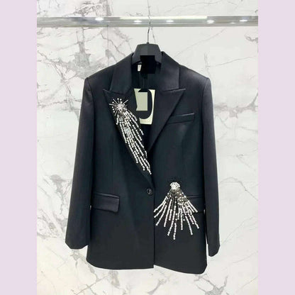 Women Ladies Blazer  Luxury Rhinestone Office Business Formal Wedding  Exquisite Elegant Suit Jacket Single Top