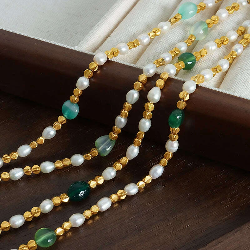 Women Natural Freshwater Pearl Necklace Green Natural Stone Jewelry Accessories Gold Plated Beaded Chain Girl Gift Sale