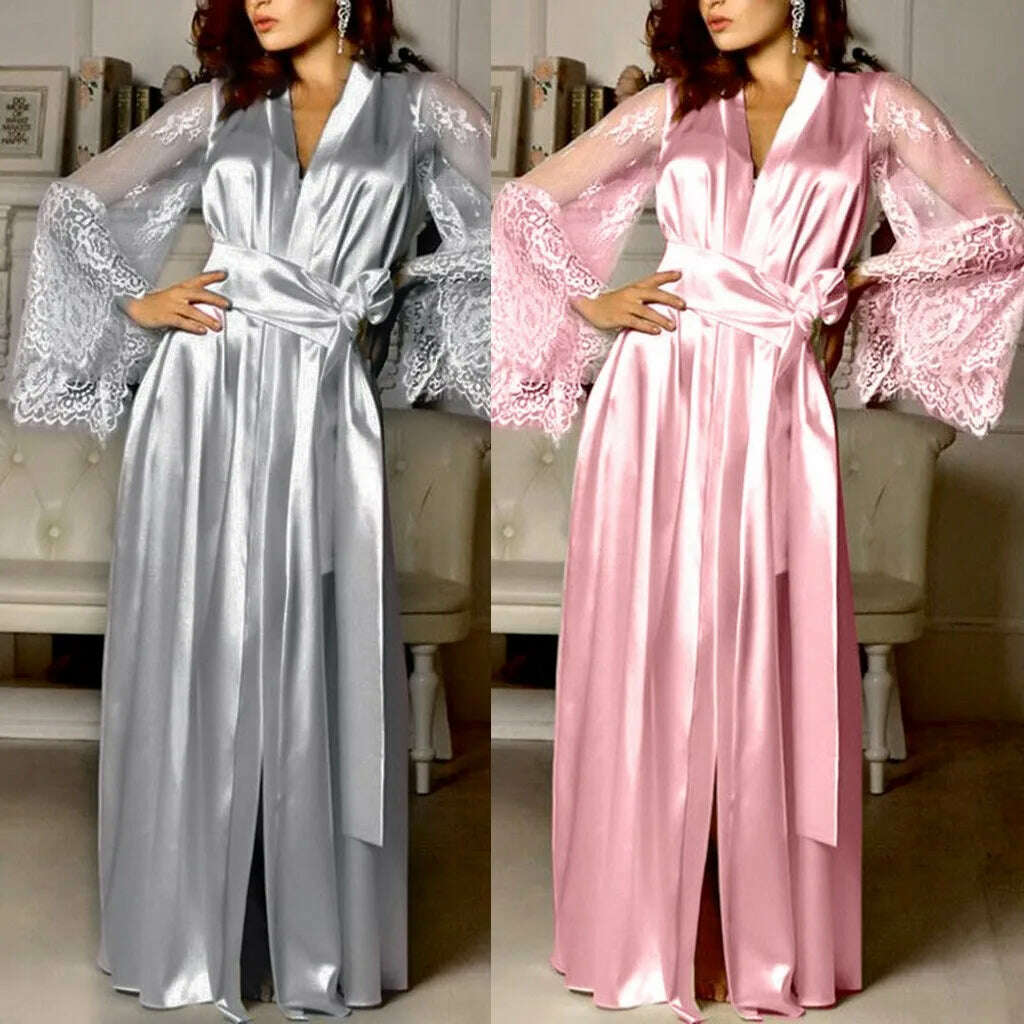 Women Satin Splicing Embroidery Long Nightgown Silk Lingerie Nightdress Sleepwear Sexy Robe Night Dress Women ночнушка женская