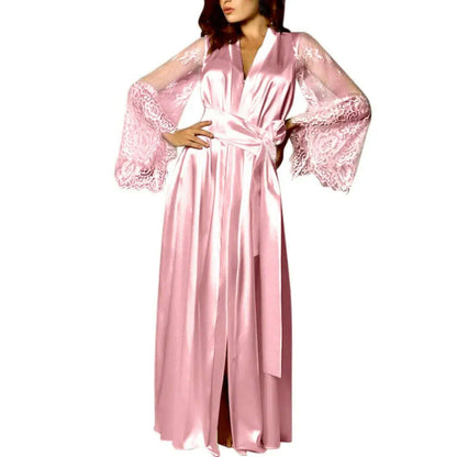Women Satin Splicing Embroidery Long Nightgown Silk Lingerie Nightdress Sleepwear Sexy Robe Night Dress Women ночнушка женская