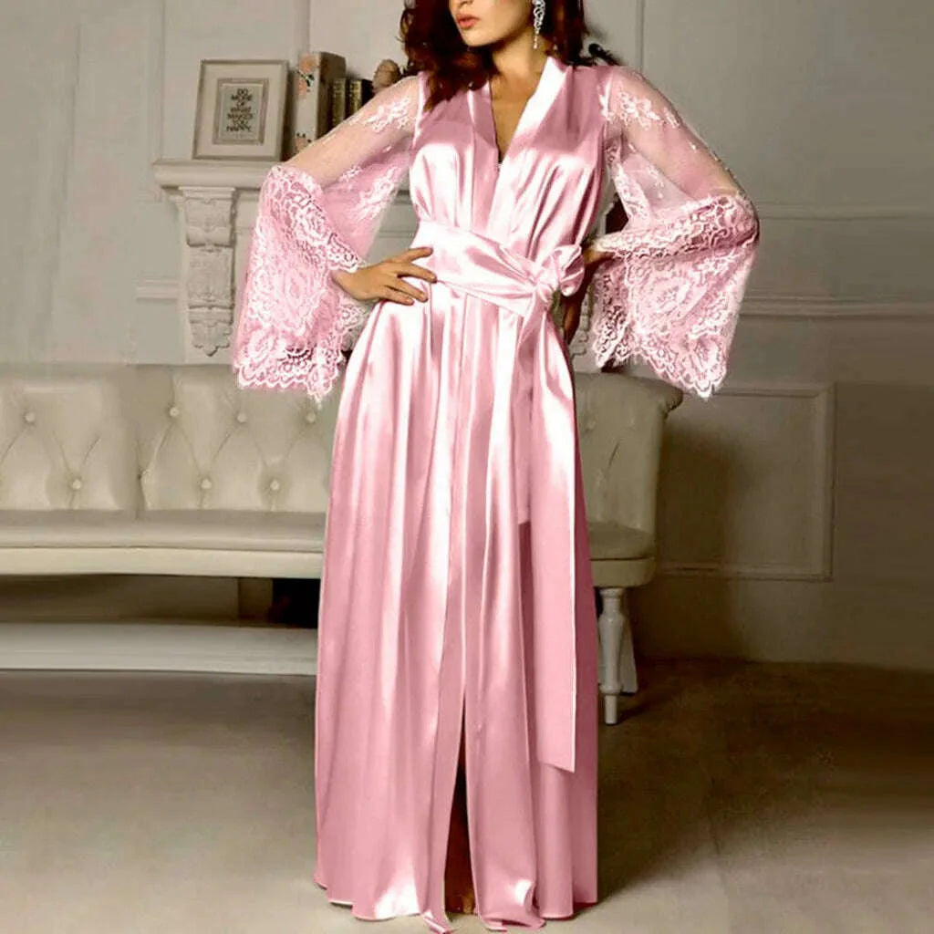 Women Satin Splicing Embroidery Long Nightgown Silk Lingerie Nightdress Sleepwear Sexy Robe Night Dress Women ночнушка женская