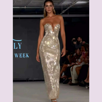 Women Sexy Strapless Backless Crystal Diamonds Beige Split Maxi Long Bodycon Gowns Dress 2024 Elegant Evening Club Party Outfit