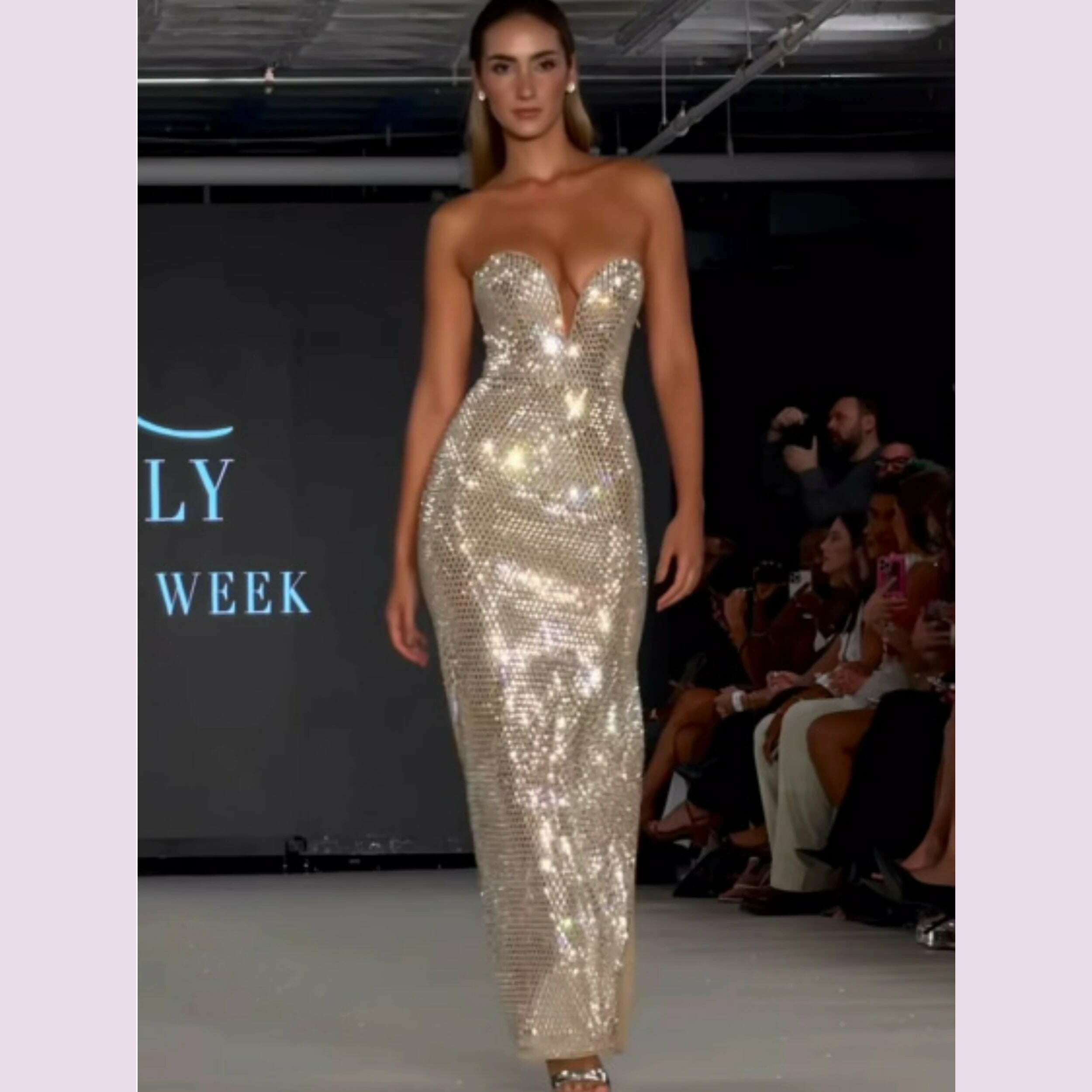 Women Sexy Strapless Backless Crystal Diamonds Beige Split Maxi Long Bodycon Gowns Dress 2024 Elegant Evening Club Party Outfit