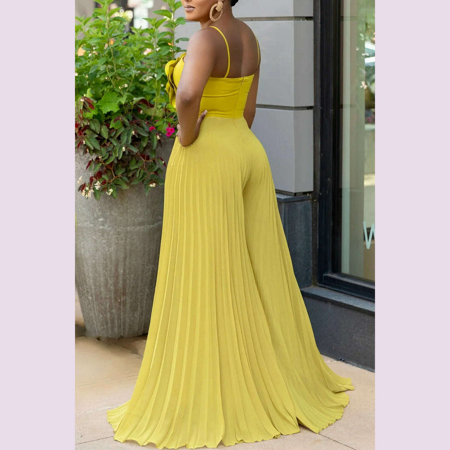 Women's Wide Leg Jumpsuit Vacation Halter Collar 3D Pleated Chiffon Pleated Spaghetti Straps Elegant Jumpsuit 2025