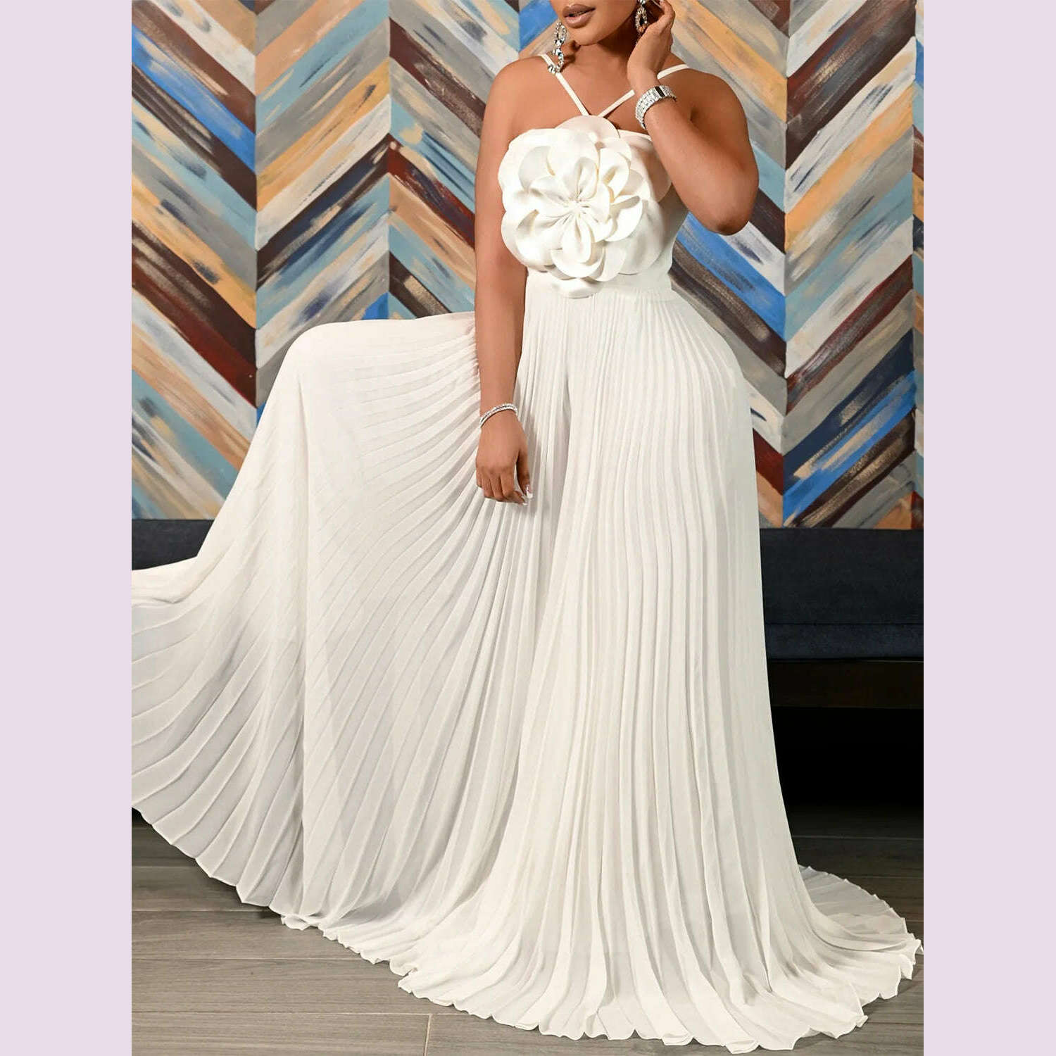 Women's Wide Leg Jumpsuit Vacation Halter Collar 3D Pleated Chiffon Pleated Spaghetti Straps Elegant Jumpsuit 2025