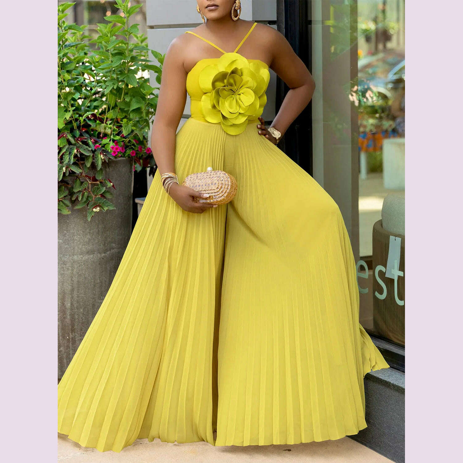 Women's Wide Leg Jumpsuit Vacation Halter Collar 3D Pleated Chiffon Pleated Spaghetti Straps Elegant Jumpsuit 2025