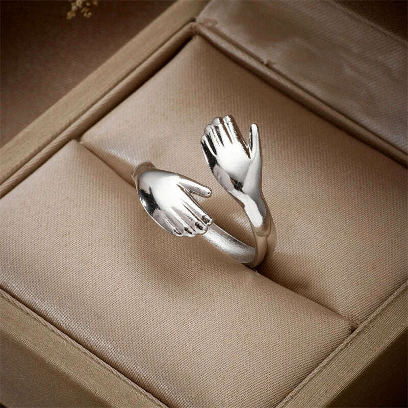 XIYANIKE 316L Stainless Steel Rings Hands Hug Opening for Woman Couple Simple Creative Trendy Design Punk Gifts Birthday Jewelry