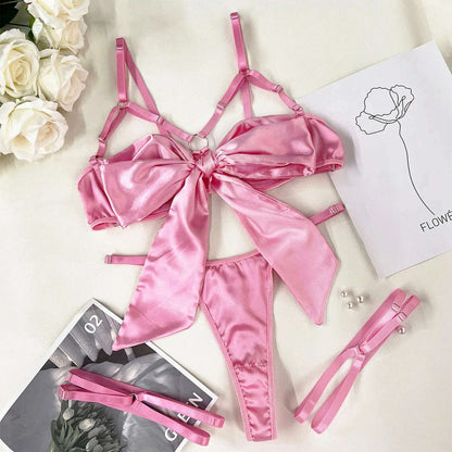 Yimunancy 3-Piece Cut Out Bow Lingerie Set 4 Colors Satin Cute Erotic Set Solid Brief Underwear Set Nightwear