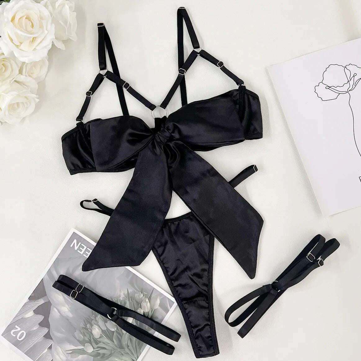 Yimunancy 3-Piece Cut Out Bow Lingerie Set 4 Colors Satin Cute Erotic Set Solid Brief Underwear Set Nightwear