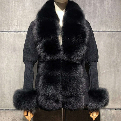 YOLOAgain Autumn Elegant Slim Black Sweater Real Fox Fur Cardigan Women Outerwear