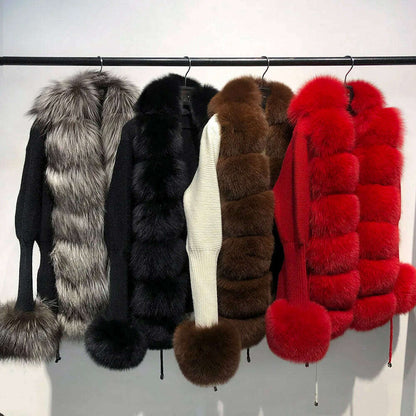 YOLOAgain Autumn Elegant Slim Black Sweater Real Fox Fur Cardigan Women Outerwear