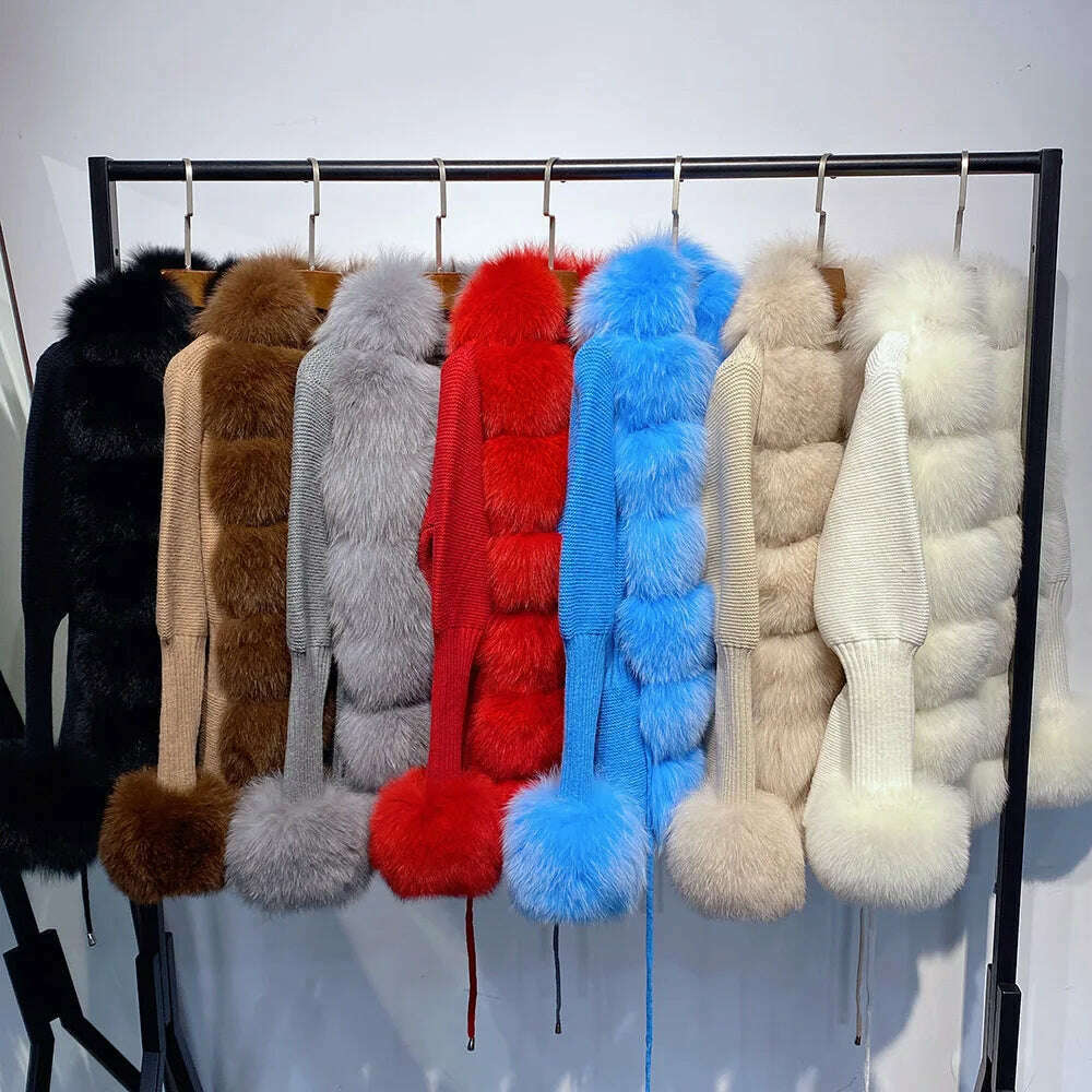 YOLOAgain Autumn Elegant Slim Black Sweater Real Fox Fur Cardigan Women Outerwear