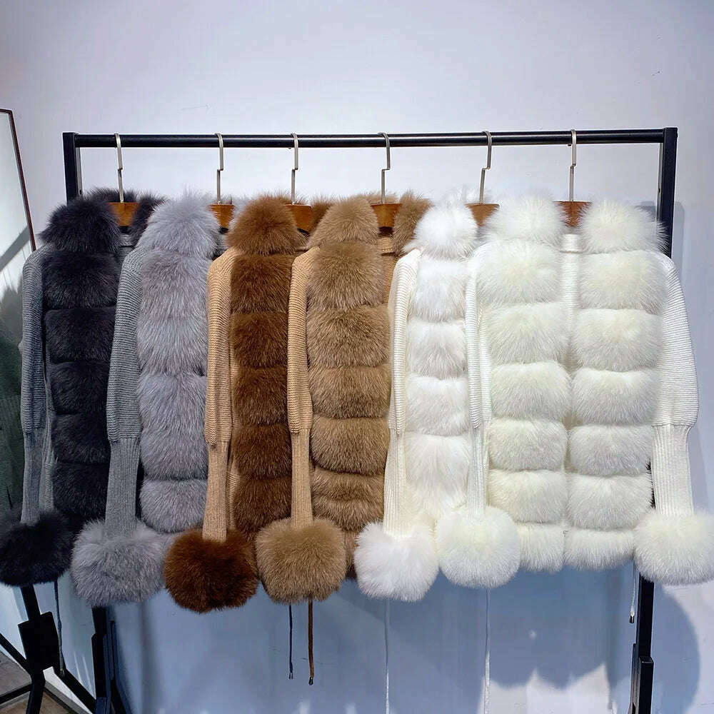 YOLOAgain Autumn Elegant Slim Black Sweater Real Fox Fur Cardigan Women Outerwear