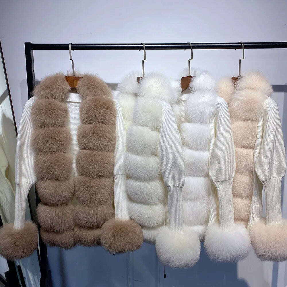 YOLOAgain Autumn Elegant Slim Black Sweater Real Fox Fur Cardigan Women Outerwear