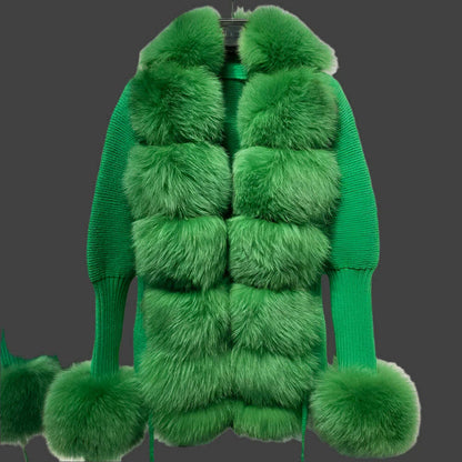 YOLOAgain Autumn Elegant Slim Black Sweater Real Fox Fur Cardigan Women Outerwear