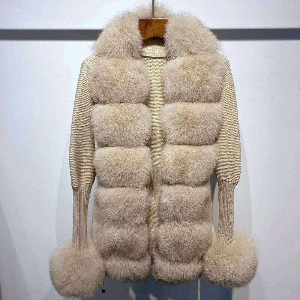 YOLOAgain Autumn Elegant Slim Black Sweater Real Fox Fur Cardigan Women Outerwear