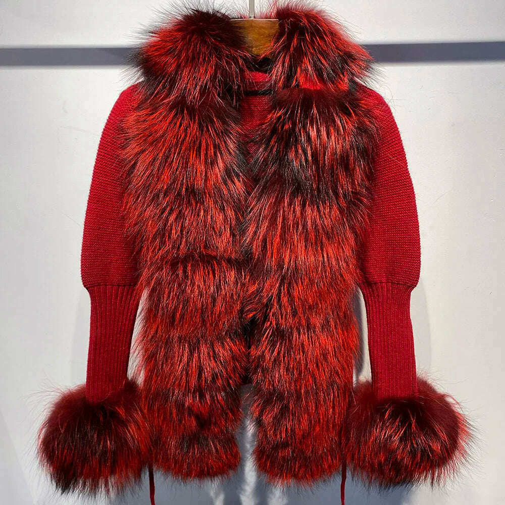 YOLOAgain Autumn Elegant Slim Black Sweater Real Fox Fur Cardigan Women Outerwear