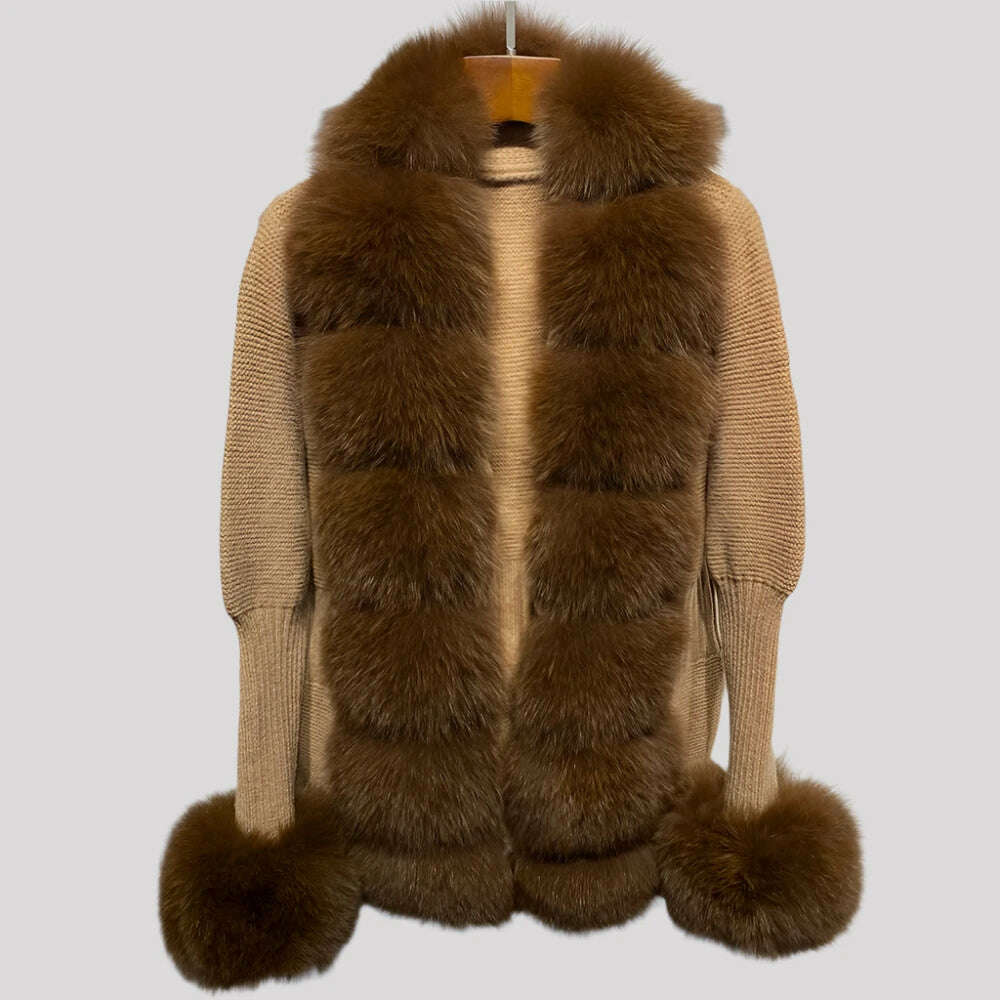 YOLOAgain Autumn Elegant Slim Black Sweater Real Fox Fur Cardigan Women Outerwear