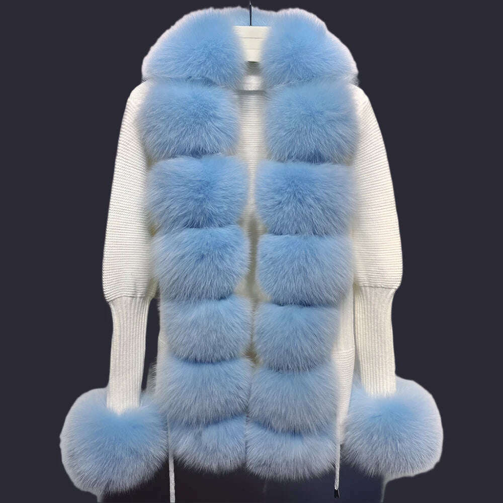 YOLOAgain Autumn Elegant Slim Black Sweater Real Fox Fur Cardigan Women Outerwear