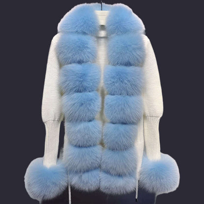 YOLOAgain Autumn Elegant Slim Black Sweater Real Fox Fur Cardigan Women Outerwear