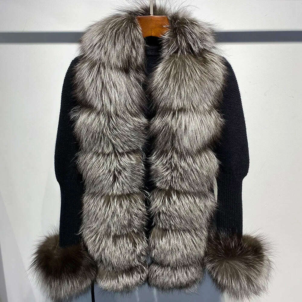YOLOAgain Autumn Elegant Slim Black Sweater Real Fox Fur Cardigan Women Outerwear