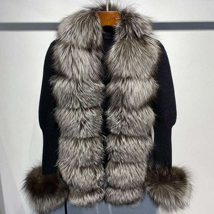 YOLOAgain Autumn Elegant Slim Black Sweater Real Fox Fur Cardigan Women Outerwear
