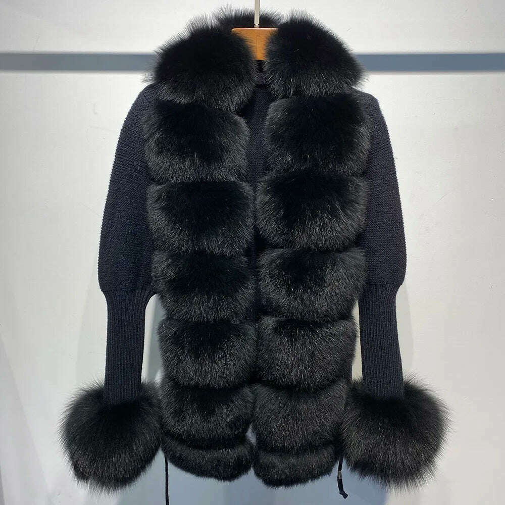 YOLOAgain Autumn Elegant Slim Black Sweater Real Fox Fur Cardigan Women Outerwear