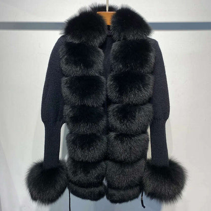 YOLOAgain Autumn Elegant Slim Black Sweater Real Fox Fur Cardigan Women Outerwear