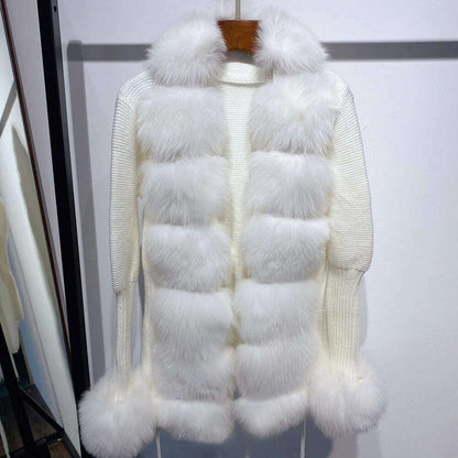 YOLOAgain Autumn Elegant Slim Black Sweater Real Fox Fur Cardigan Women Outerwear